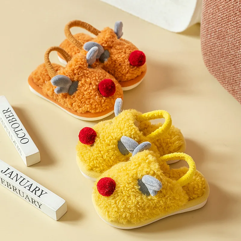 Children's Cotton Slippers Keep Warm Indoors In Winter. Cute Cartoon Antler Boys and Girls' Home Anti-slip Baby Cotton Slippers