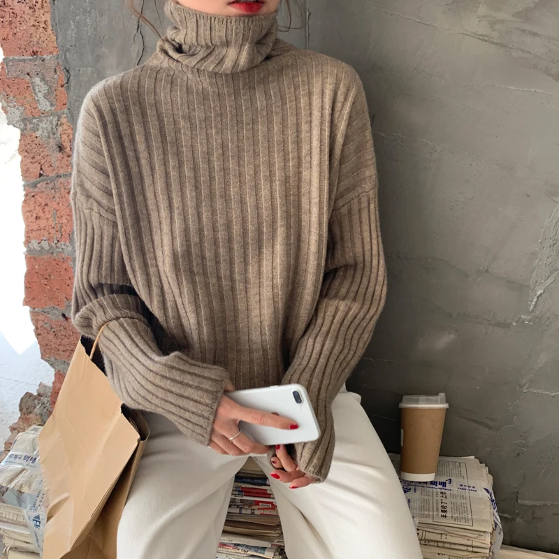 

Ailegogo Autumn Winter Women Turtleneck Pullovers Casual Loose Female Knitted Sweater Solid Color Ladies Knitwear Tops
