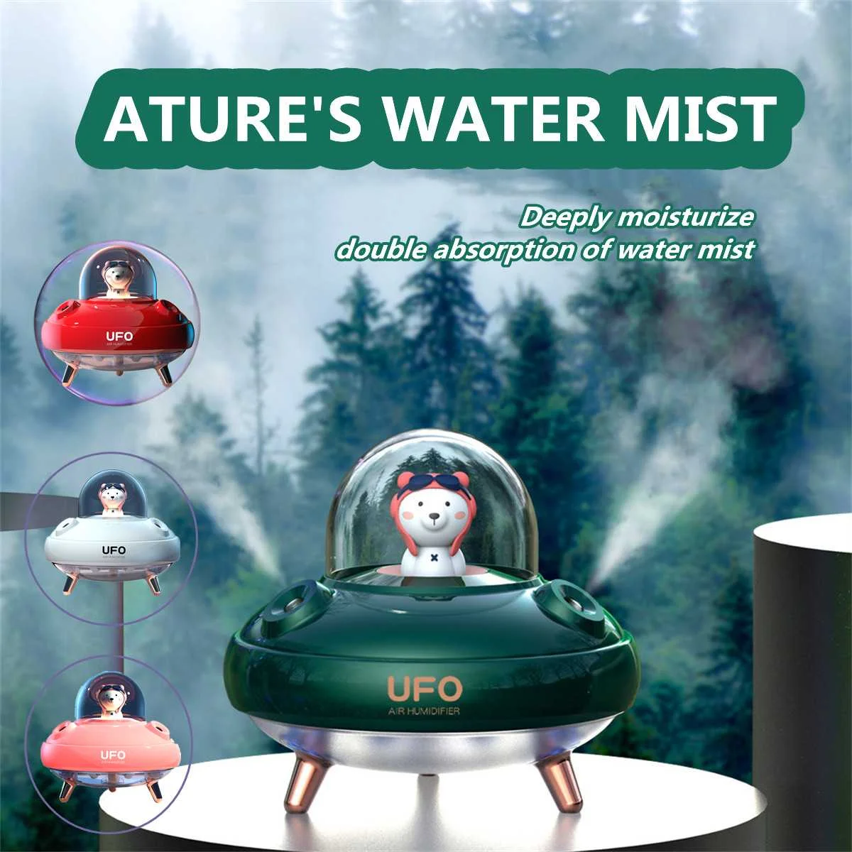 

UFO Humidifier Mini Household Moisturizing Aromatherapy Cute Bear Electric Aroma Diffuser Air Humidifier 400mL Dual Nozzles