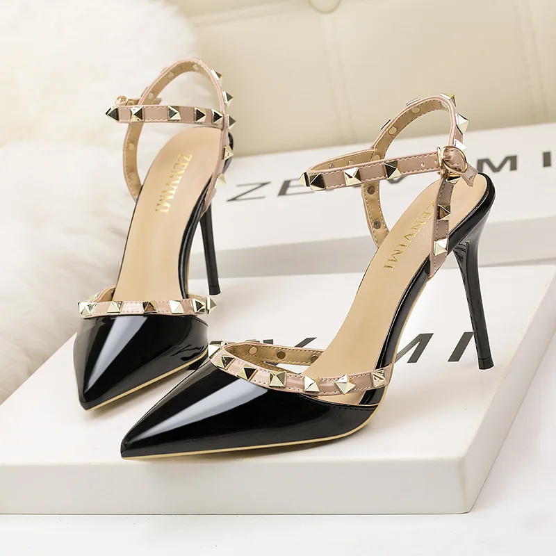 

NEW 9CM PUMPS European style simple sexy club thin heel high heel shallow mouth head rivet hollows woman's single shoe