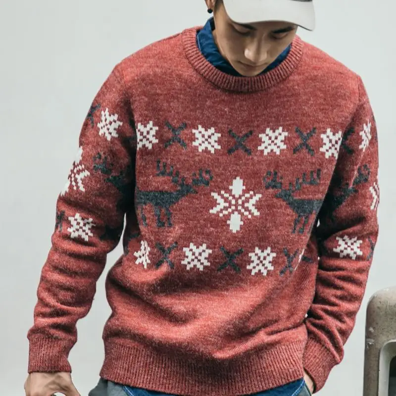 

Japanese retro snowflake round neck sweater men's tide new winter elk pullover sweater