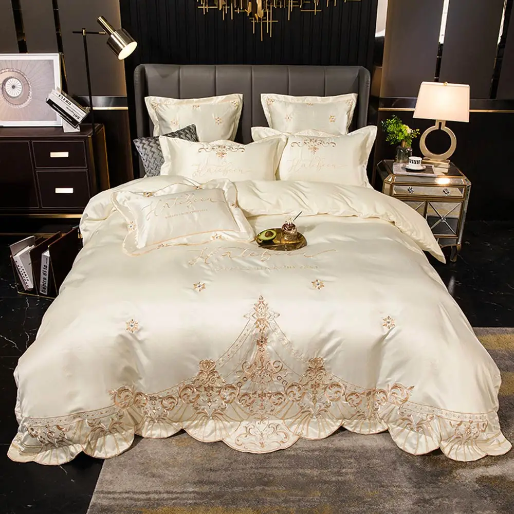 

Papa&Mima Beige White Embroidery Bedding Set Silk Cotton Linens Queen King Size Duvet Cover Set Flat /Fitted Sheet Pillow Sham