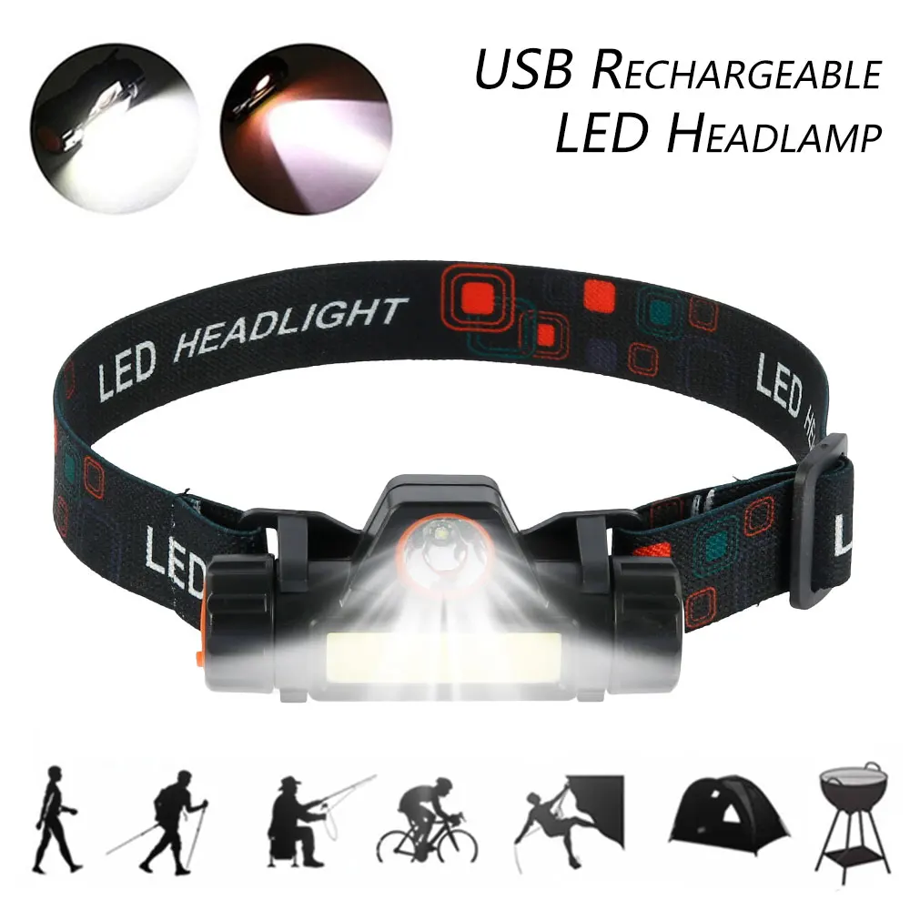 

XPE+COB Led Headlamp Headlight USB Rechargeable Flashlight Work Head Torch Camping Headlamp Led Head Light for Car Inspect Light