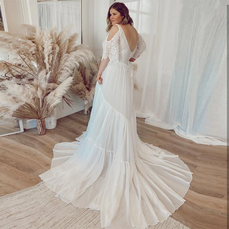 

MoonlightShadow Bohemian Wedding Dresses A-Line V-Neck Half Sleeves Lace Appliques Backless Bridal Gowns Vestido De Novia