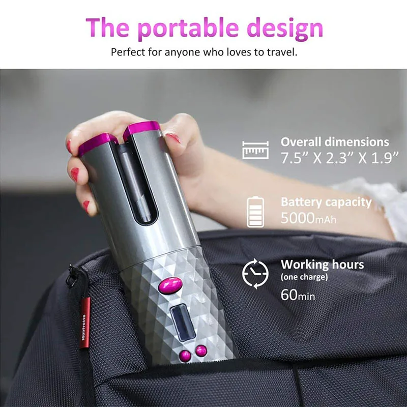

Automatic Curling Iron for Hair Curler Portable Style Curly Machine Digitizer LCD Display USB Rechargeable Cordless Curls Waves