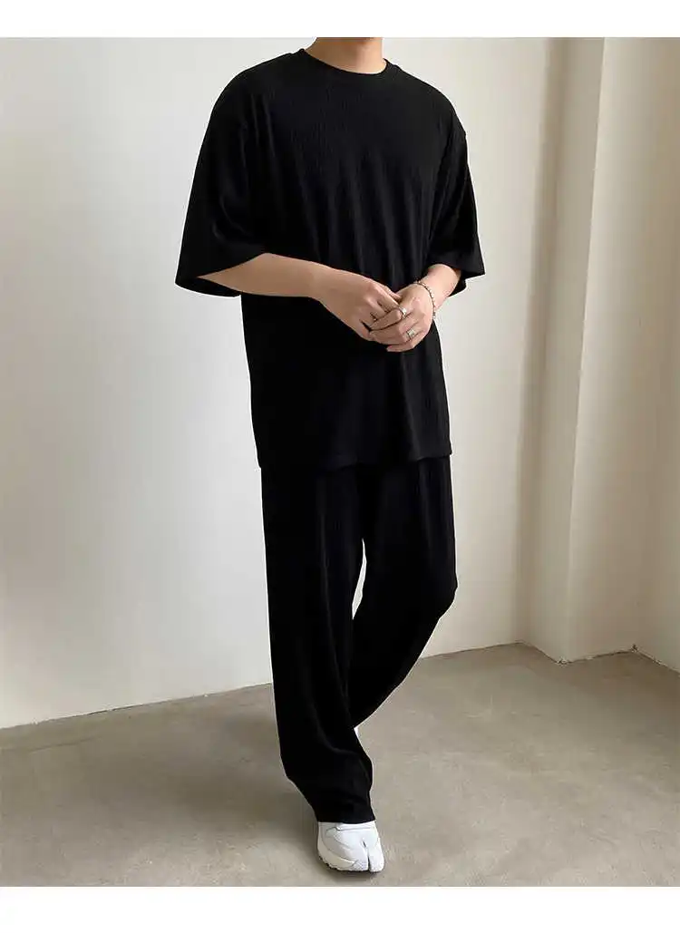 

IEFB Men's Black Grey Solid Color Striped Casual Pants Men's New Elastic Waist Korean Trend Loose Wide Leg Trousers 2021 Summer