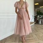 Черное блестящее Тюлевое платье для выпускного, с V-образным вырезом, трапециевидного силуэта, с коротким рукавом, платье длиной ниже колена для свадебной вечеринки