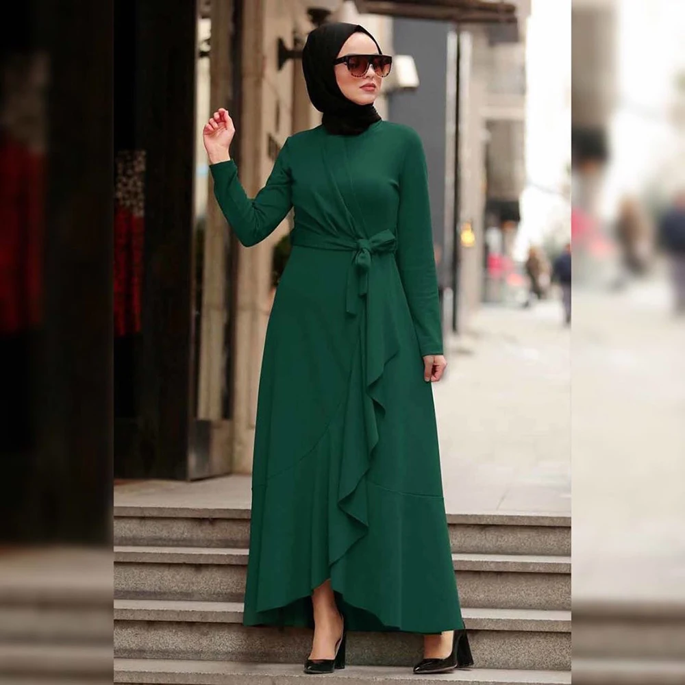 

Abaya Muslim Women Long Dress Solid Color Islmaic Ramadan Arab Jilbab Turkish Dubai Ruffle Long Sleeve Kaftan Robe Gown Caftan