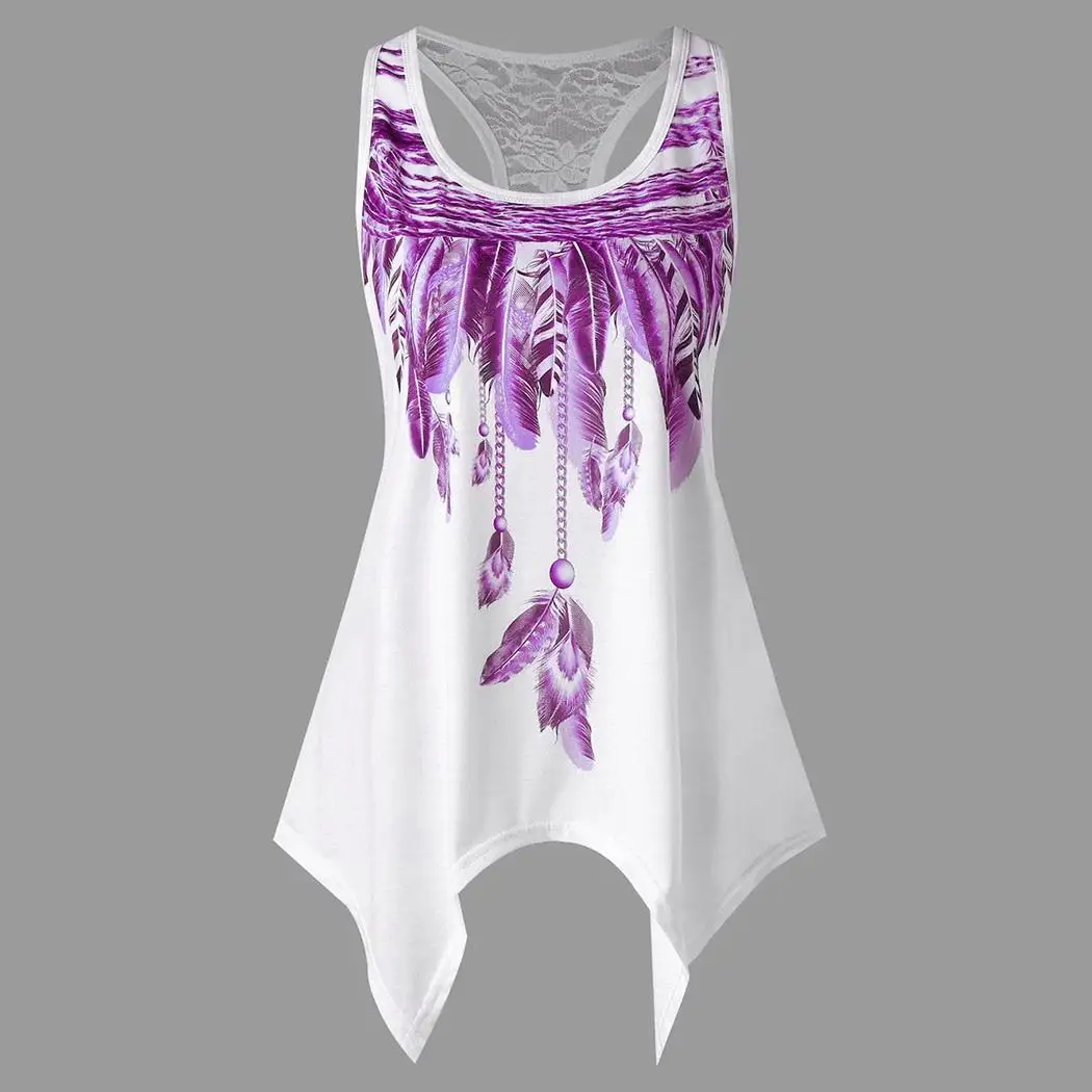 Summer Women Casual Feather Printed Irregular Hem Wine Red Purple Regular O Neck Top | Женская одежда