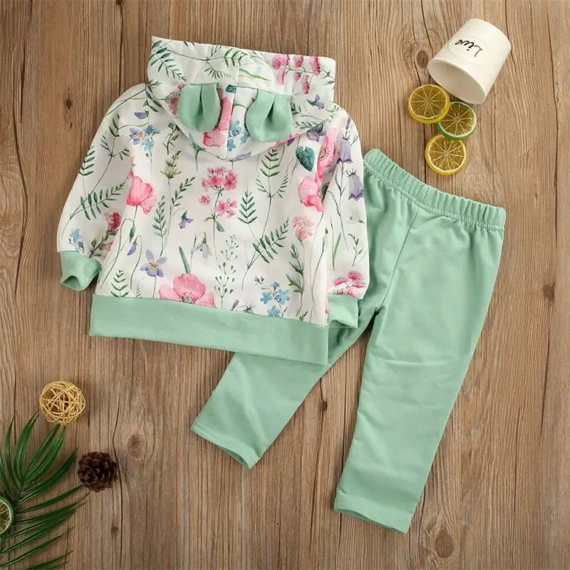 1-6T Kids Girls Clothes Set Floral Print Long Sleeve Sweatshirt Full Pants Cotton Toddler Autumn Tracksuit Girl Outfit | Детская одежда