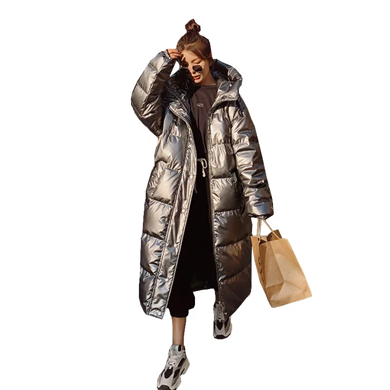 

Russia Snow Warm Plus Size Loose Down Coat Women Winter Shiny Fashion White Duck Down Jacket Thicken Hooded Long Overcoat G711