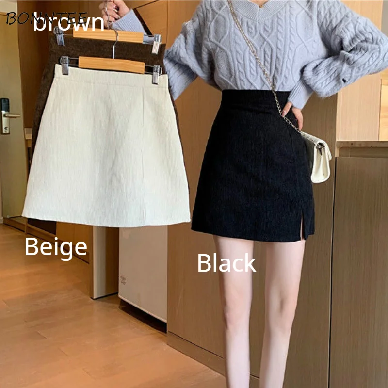 

Women Skirts Solid High Waist Mini Side-slit Corduroy Buttocks Koeran Style Trendy College Students Simple Slim Females Spring