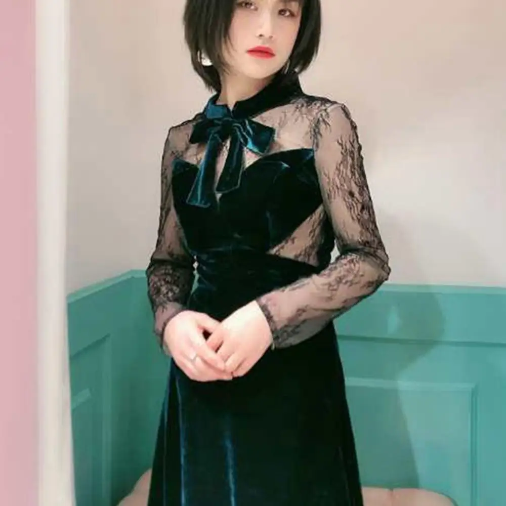 Зеленый бархат кружева иллюзия стиль ночные вечерние Формальное вечернее платье