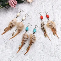 bohemian stylish layered natural feather long pendent women earrings 2021 handmade turquoise beaded dangling earrings jewelry