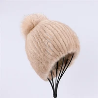 high quality womens winter warm 100 mink fur beanie hat with fox fur pom poms trend bucket caps female beanies hats