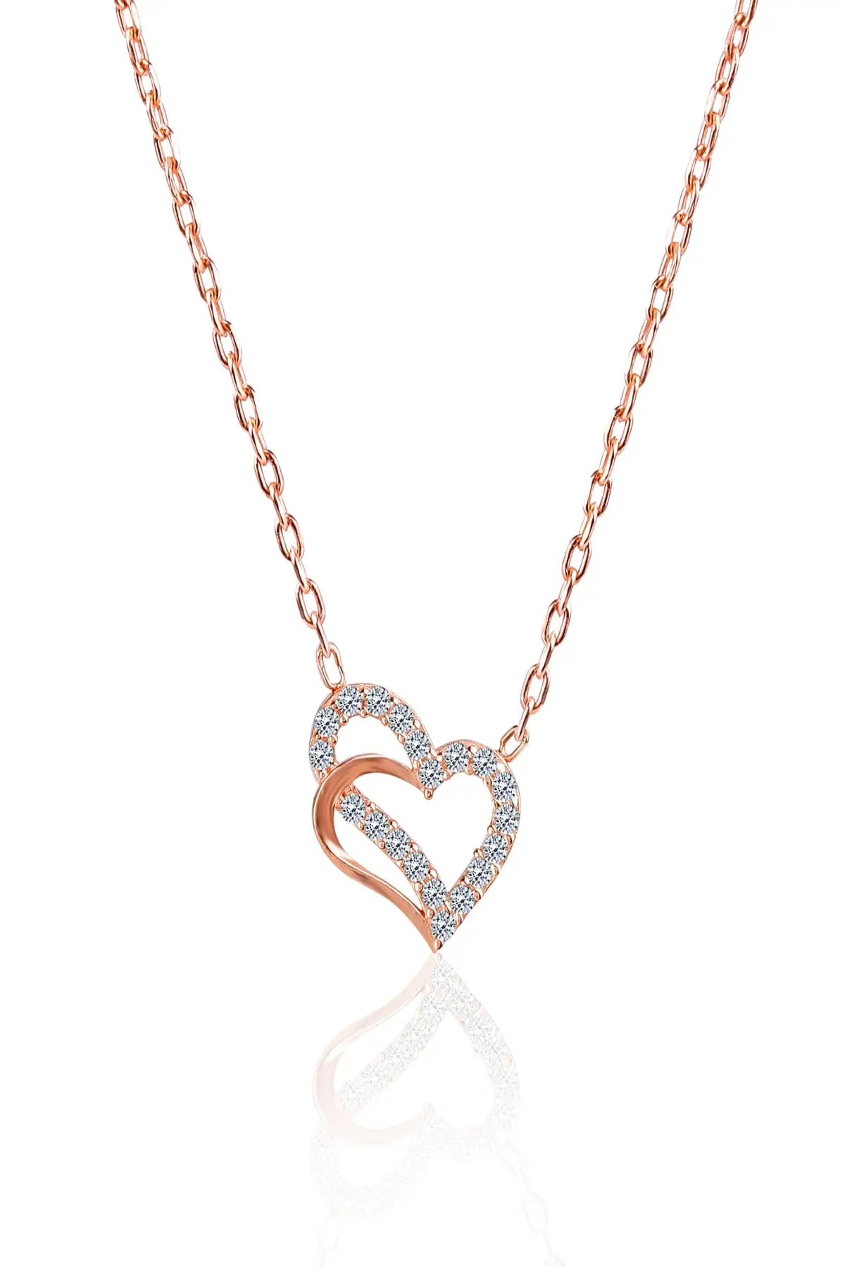 

Women's 925 Sterling Silver Rose Plated Zircon Stone Detail Heart to Heart Love Necklace