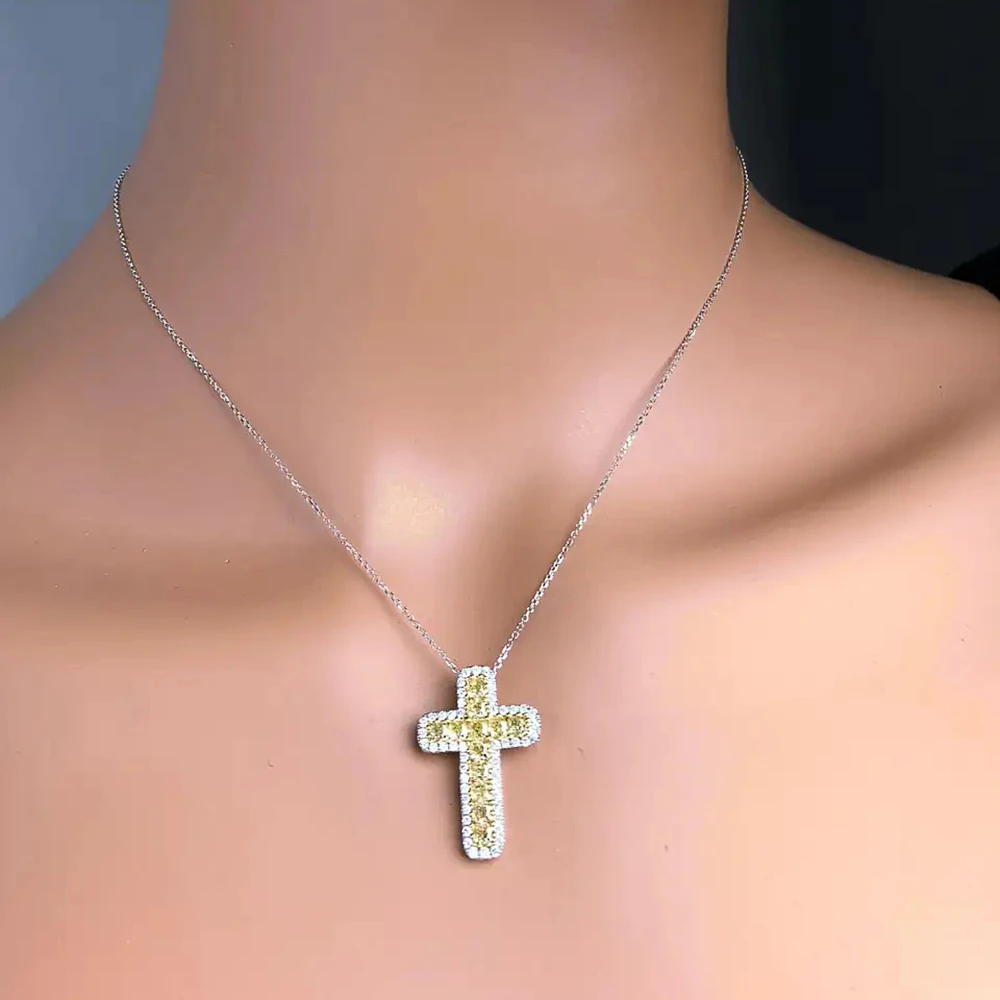 

Luxurious Cross Pendant Necklace Bright Yellow Color Cubic Zirco Cute Girl Gift for Women Daily Wear Necklace Fashion Jewelry