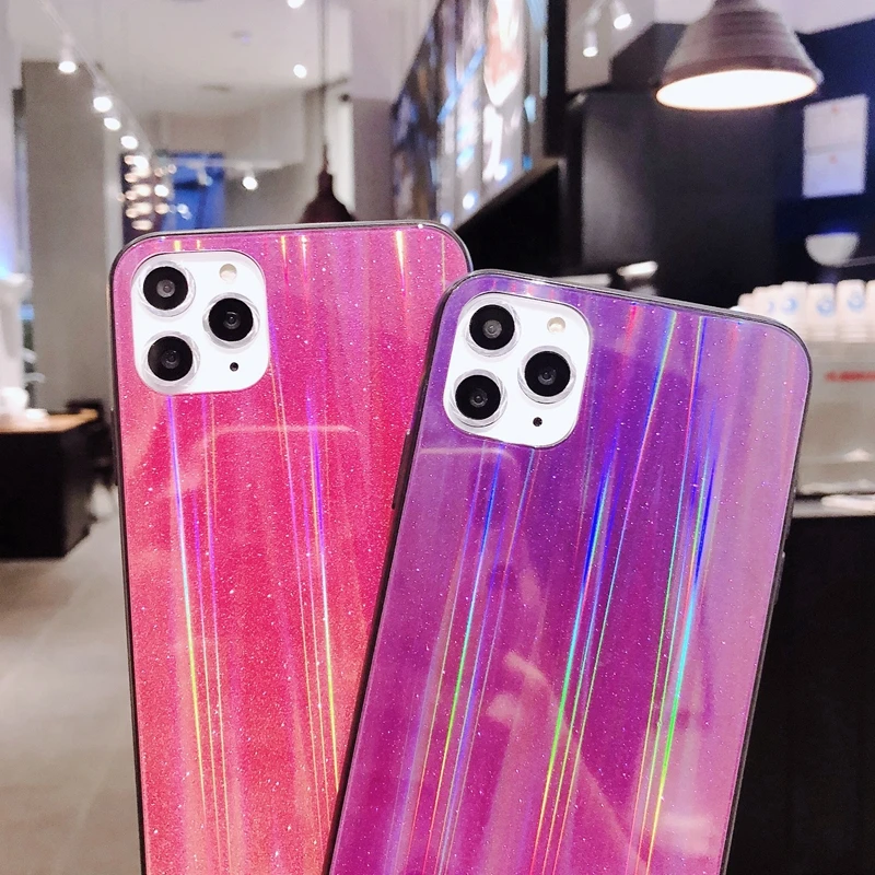For iPhone 6 6s 7 8 Plus 10 X XS XR 11 Pro Max Glitter Gradient Sparkle Sequins Laser Holographic Hard Tempered Glass Case Cover | Мобильные