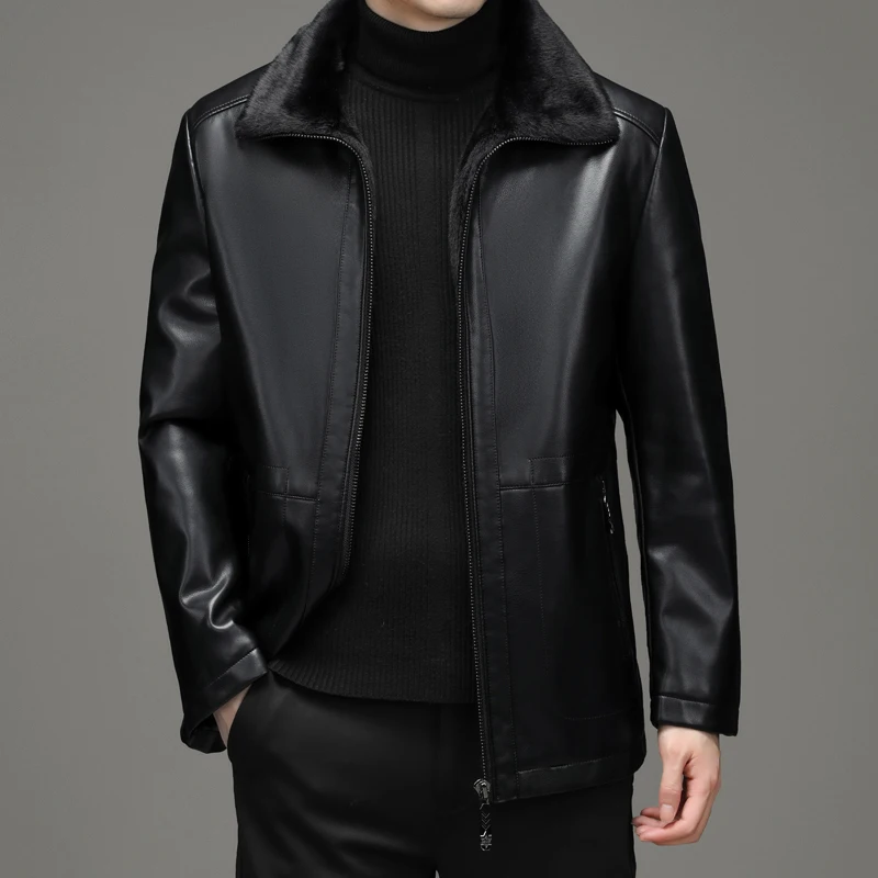 

2021 new fur coat men's long leather coat winter fur coat leather jacket.