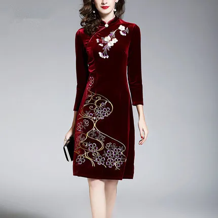 Современный Азиатский стиль вышивка qipao бархат большой Макси 4XL размер вечерние