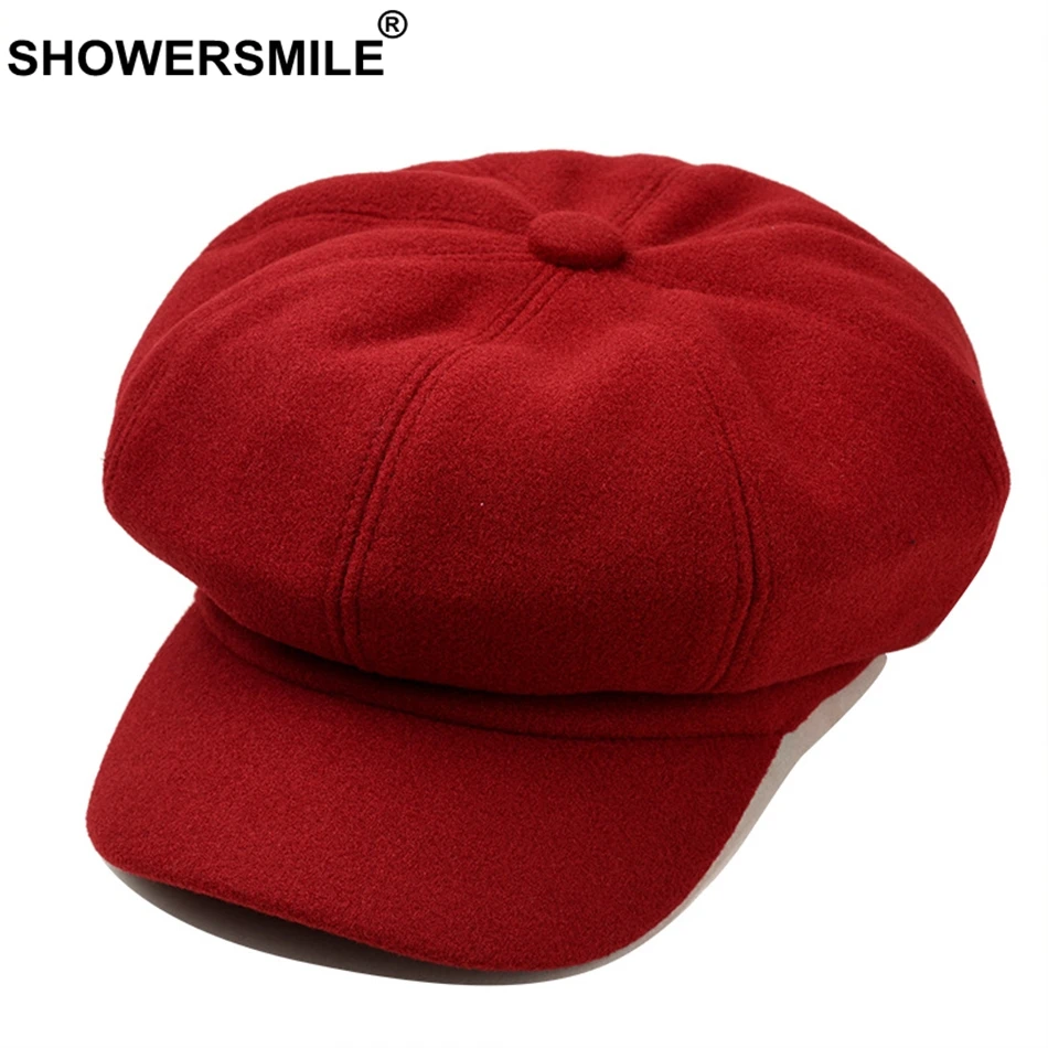 SHOWERSMILE Женская кепка газетчика берет однотонная шерстяная восьмиугольная