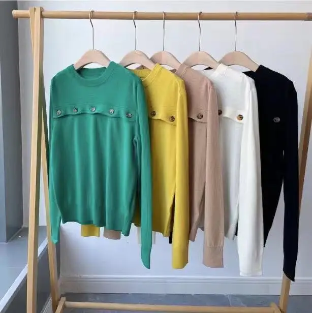 

Runway Fashion Women Sweater 2021 High Quality Autumn Long Sleeve Buttons Knitted Cashmere Solid Pullover Sweater