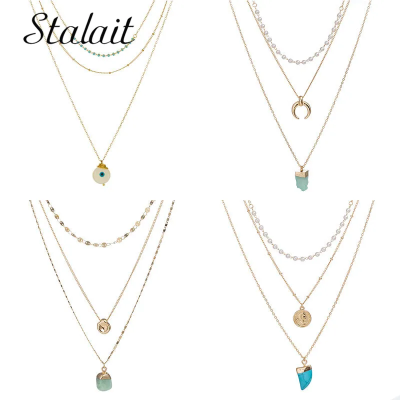 Модное золотое ожерелье с подвеской из натурального камня голубыми глазами и