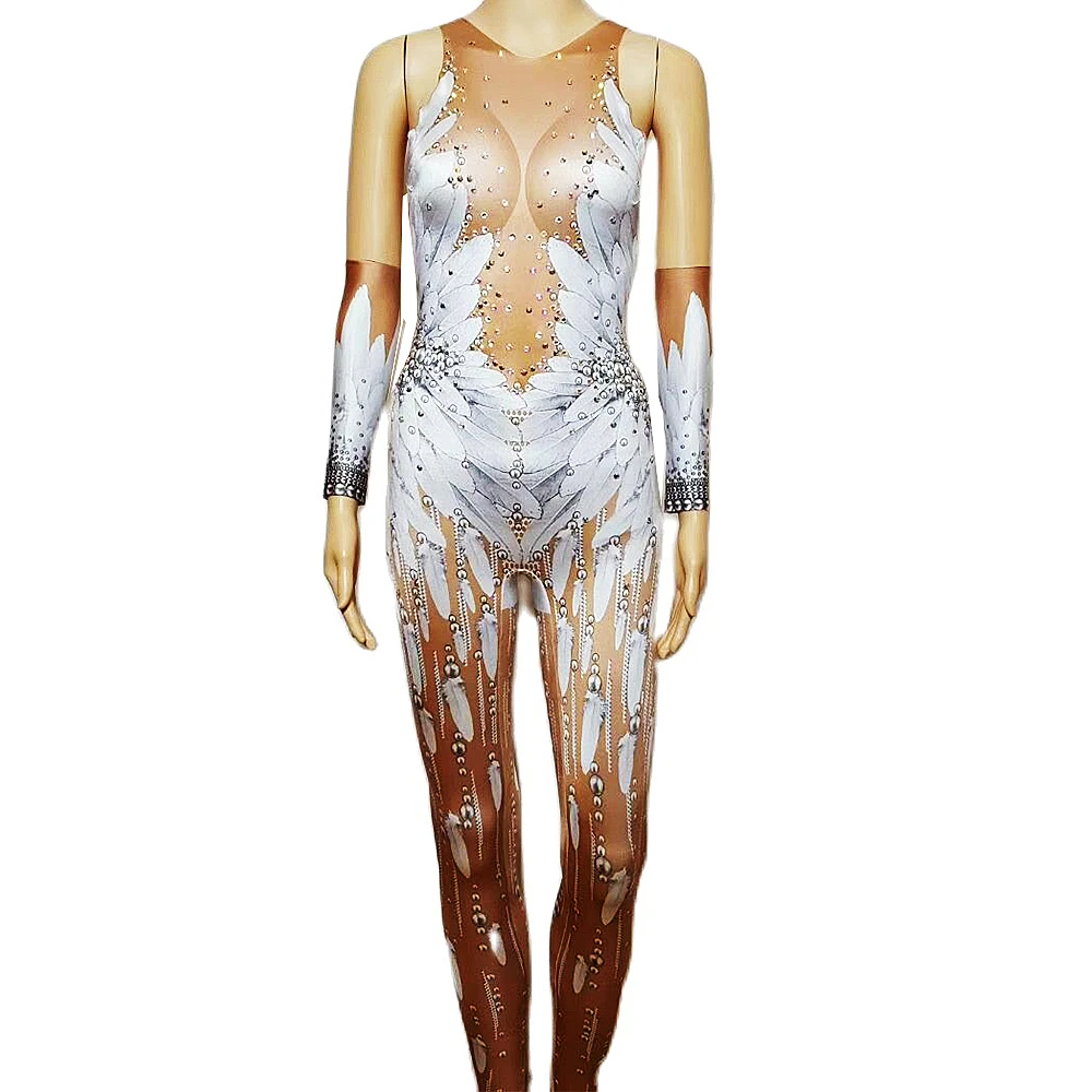 

White Feather Pearls Print Women Long Sleeve Jumpsuits Nightclub DJ Singer Stage Wear Jazz Dance Performance Costume Angel
