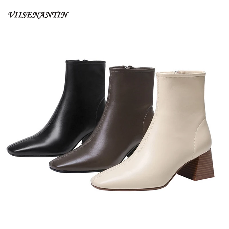 

Простые короткие ботинки в Корейском стиле, женские мягкие ботильоны на толстом каблуке средней высоты с квадратным носком и деревянным уз...