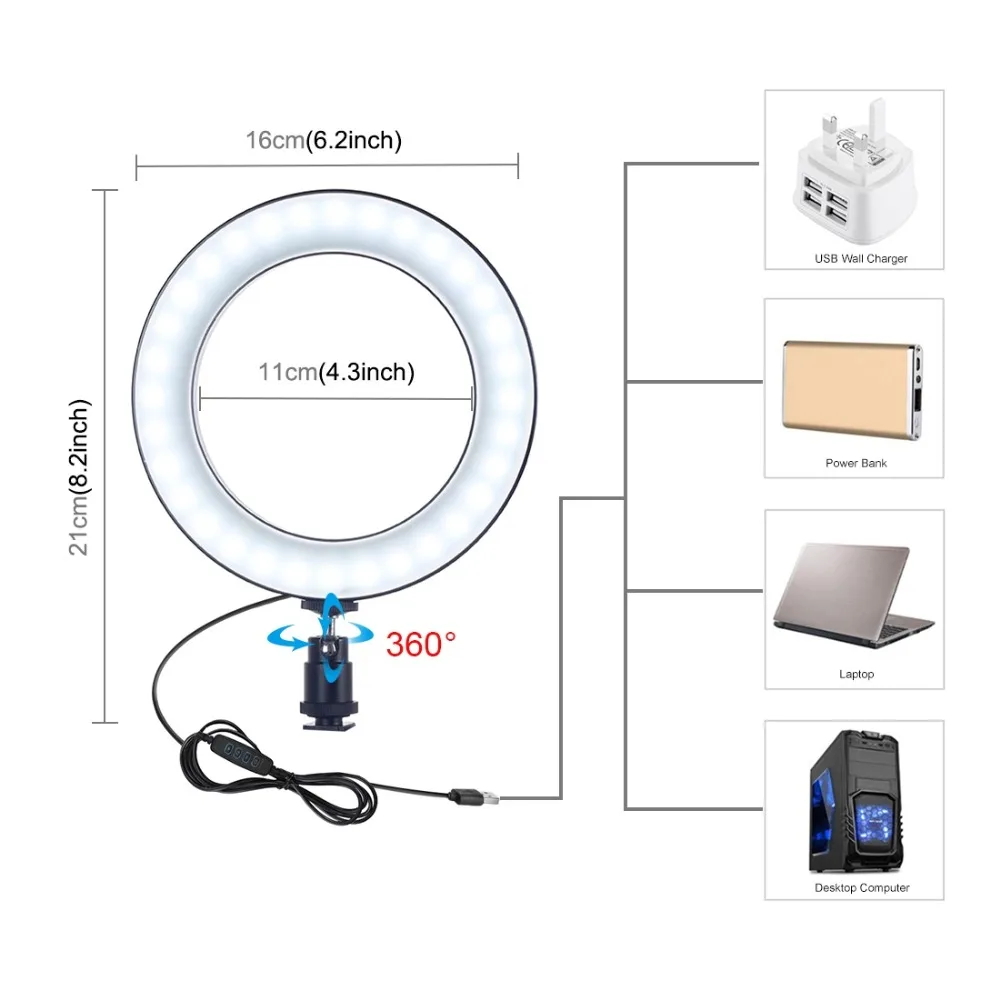 PULUZ PKT3038 6 2 дюймов USB видео кольцевой светильник со штативом подставка удлиняющая