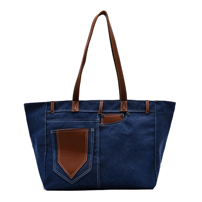 

Simple Casual Wild Color Denim Canvas Shoulder Bag Large Capacity Durable Eco-friendly Shopping Bag Girl Vintage Style Satchel