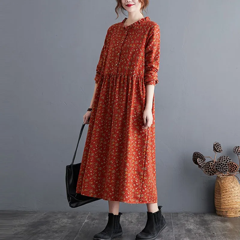 women cotton linen casual long dress new 2020 autumn vintage floral print stand collar ladies elegant a line dresses s2115 free global shipping