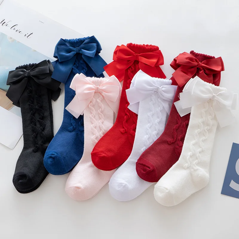 New Fashion Baby Knee High Socks Kids Girls Cotton Socks With Big Bow Soft Toddlers Princess Children Long Socken For 0-5 Years