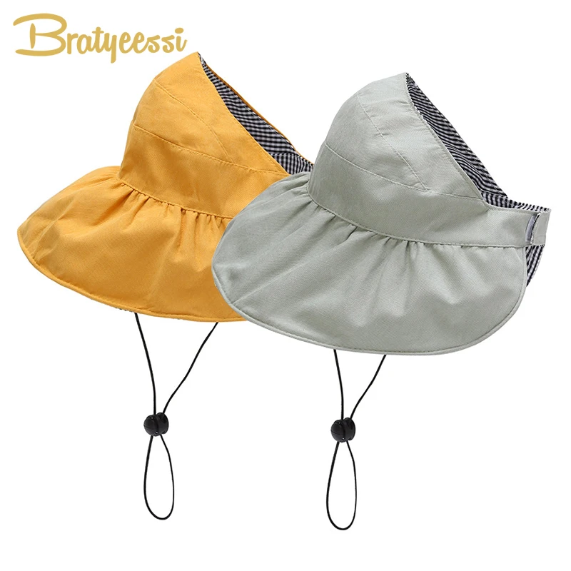 Summer Baby Hat for Girls Double-sided Beach Visor Cap Kids Sun Hats Cotton Wide Brim Children with Wind Rope | Детская одежда и