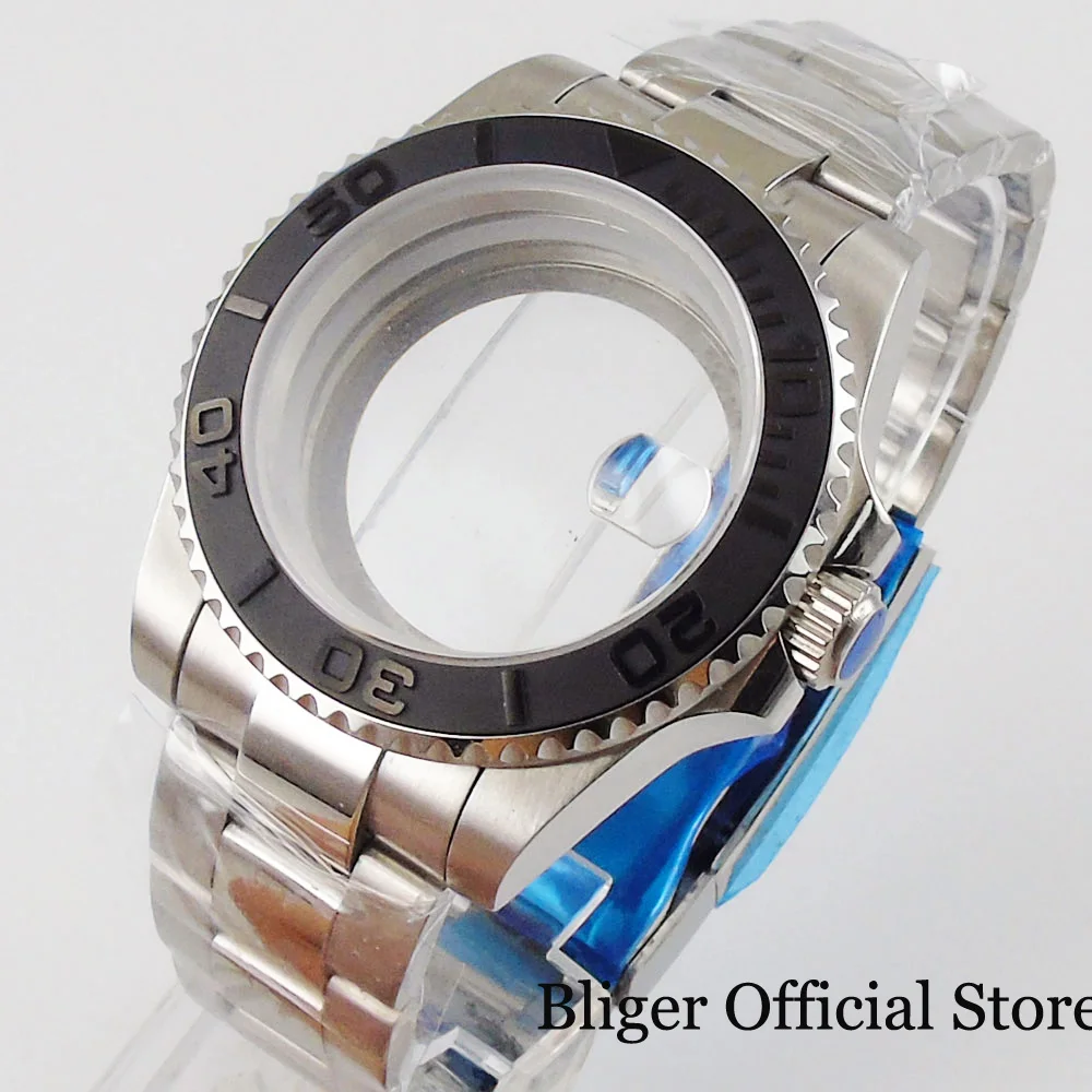 BLIGER For NH35 NH36 ETA2836 2824 PT5000 DG MIYOTA 40mm Watch Case Oyster Sapphire Glass Black Insert Open Screw Back