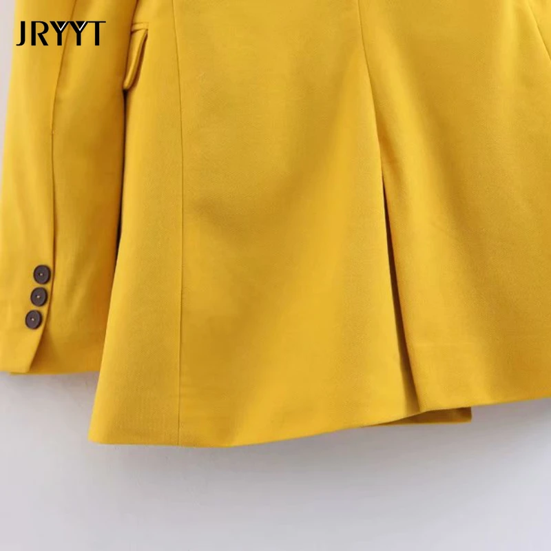 

Women's Double-breasted Casual Yellow Suit Jacket Elegant Office Ladies Long-sleeve Loose Pocket Button Blazer Early Autumn