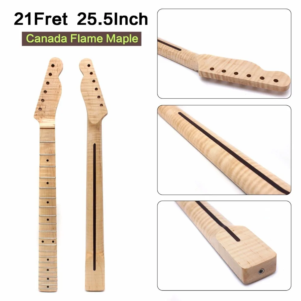 

Tiger Flame Maple Guitar Neck 21 Fret 25.5inch Dark Yellow Varnish Pearl Maple Made Fingerboard Dot Inlay DIY