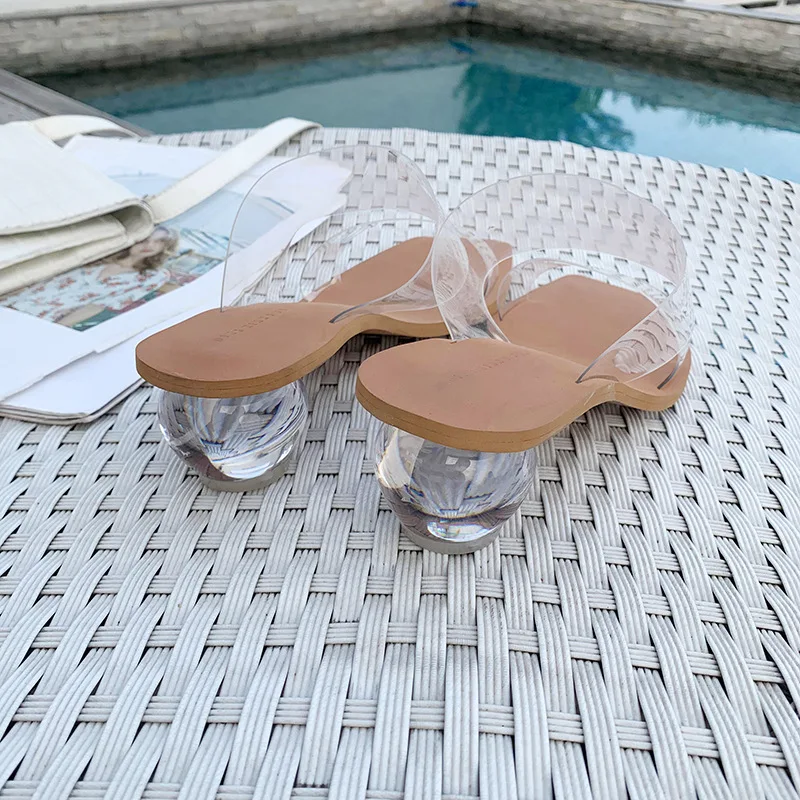 Crystal Ball Low Heel PVC Transparent Clear Slippers Women Peep Toe Summer Sandals Fashion New Design Slippers Outdoor