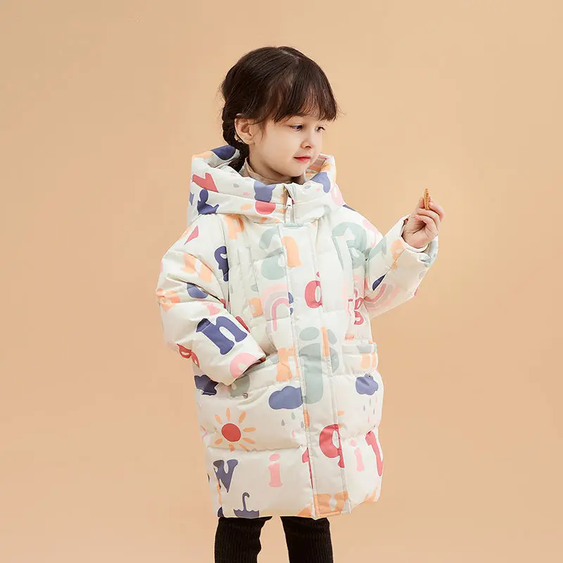 

New Girl Cute Jacket Winter Children Thick Windproof Warm Children's Clothing Parker High Collar Hooded Mid-length Down Jacket