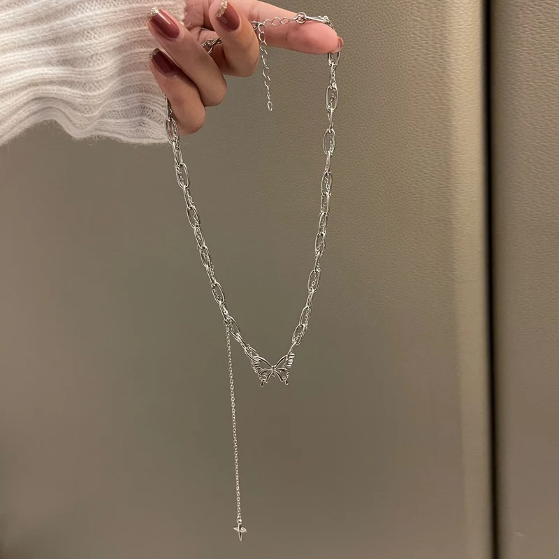 

Trendy Jewelry Chain Necklace Popular Style Single One Layer Silvery Plating Chain Butterfly Pendant Necklace Women Party Gifts