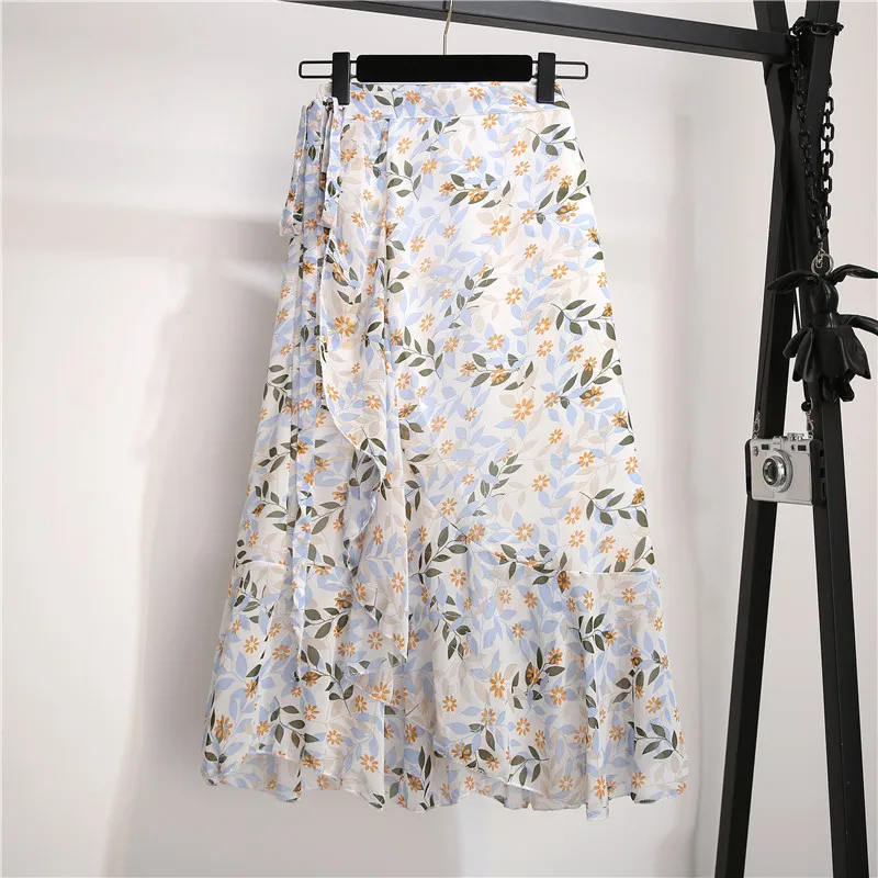 

Summer Chiffon Skirt Women Lace-up Lotus Leaf Beach Chiffon Skirts Irregular Skirt Fishtail Floral Midi Skirts Jupe Femme 10232
