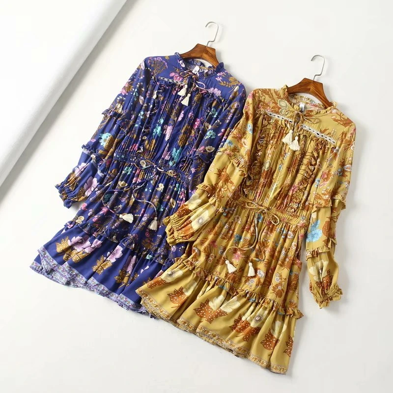 Винтажное шикарное женское платье с цветочным принтом длинным рукавом бахромой