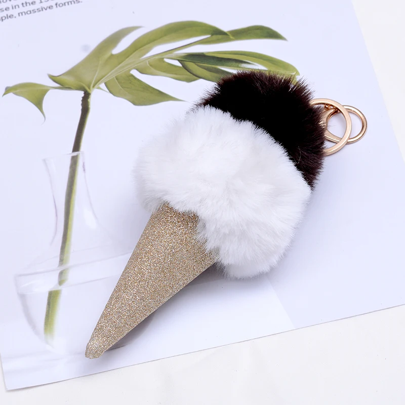 

XZP Doubl Layer Ice Cream Glitter Dull Polish Key Chain Accessories for handbags Bag Fur Ball Cute Car Key Chain Handbag Keyring