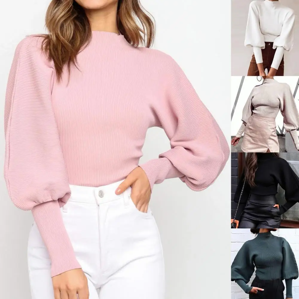 

Elegant Women Solid Color Sweaters High Collar LanternLong Sleeve High Collar Loose Knitted Pullovers Top for Streetwear
