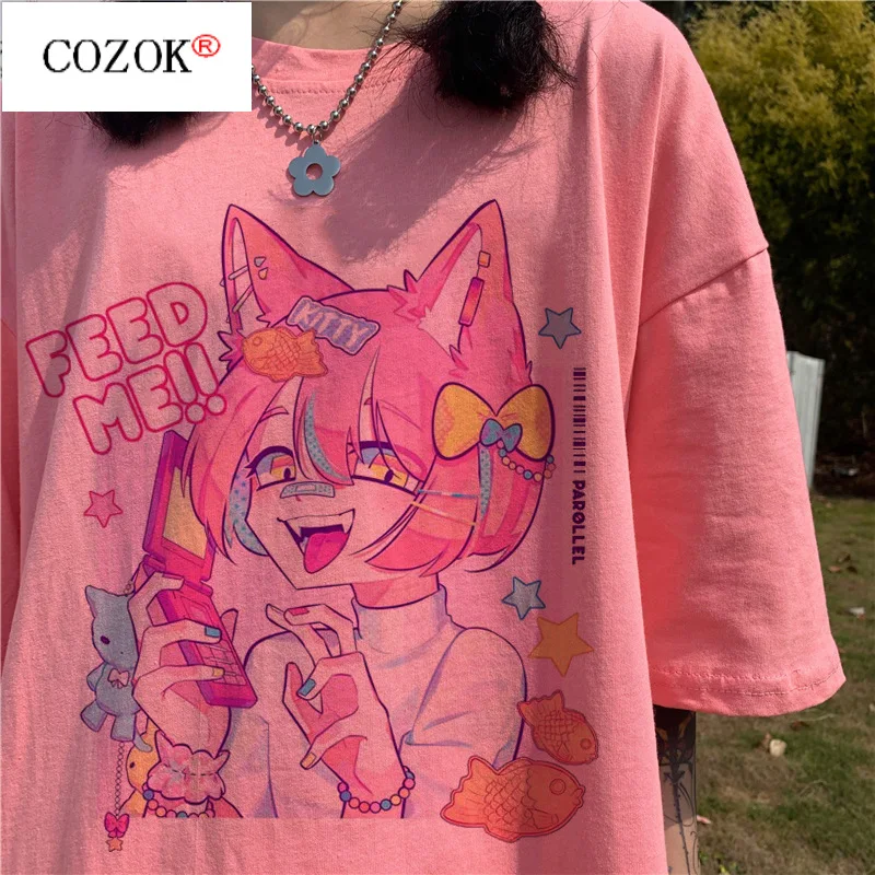 

2021 Summer Fashion New Female T-shirt Cartoon Sweet Girl Japanese Street Harajuku Fun Pink Kawaii Casual Tops