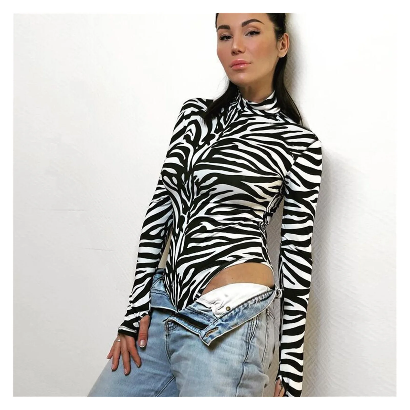 

2021NEW Long Sleeve Bodysuit Tops Women 2021 Autumn Zebra Stripe Print Turtleneck Bodycon Bodysuit Stretch Vintage Leotard Tops