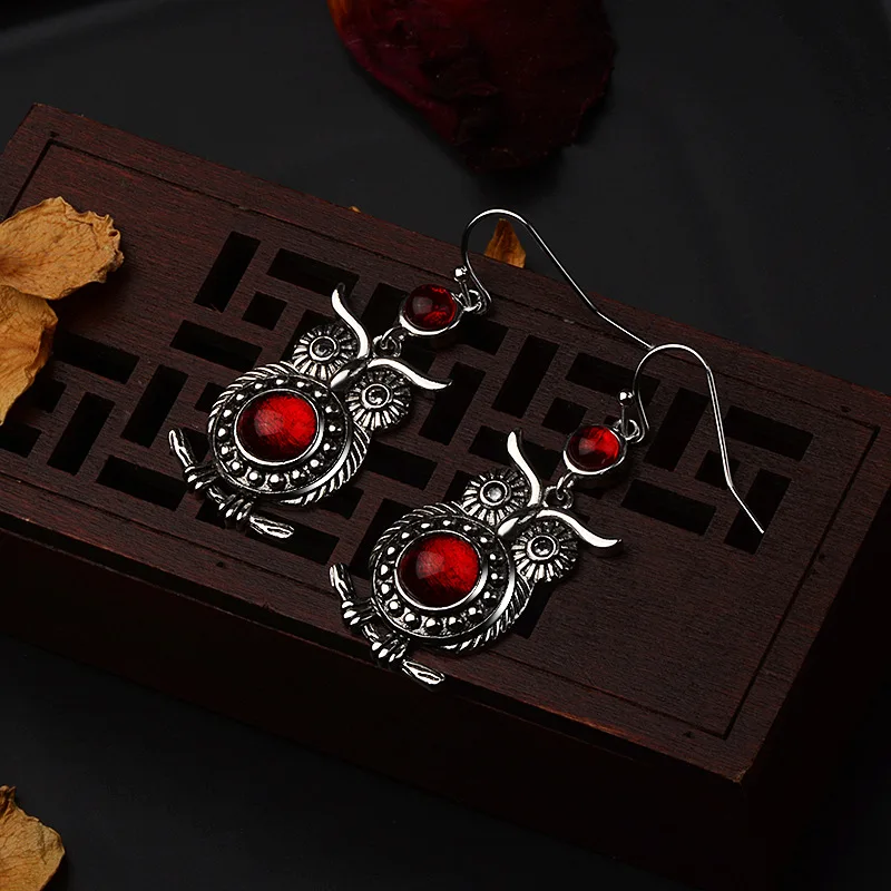 Bague Ringen, Ретро стиль, рубиновые тайские серебряные серьги для женщин, индивидуальный характер, серебро, 925, ювелирное изделие, Сова, длинные уши, капли, вечерние, подарок