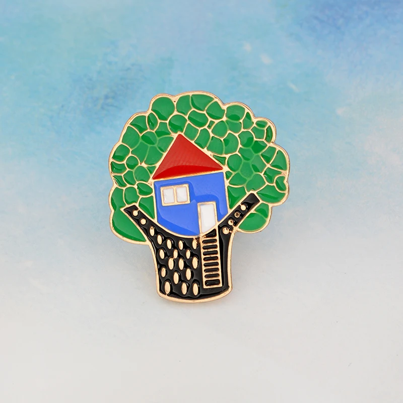 Эмалированные булавки в виде домика с мультяшным деревом для детской пуговицы