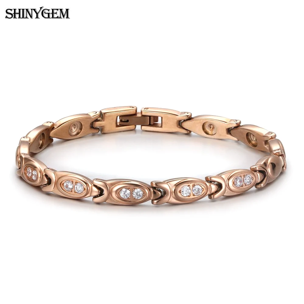 

ShinyGem Luxury Rose Gold Stainless Steel Bracelet Pave Bling Zircon Charm Bangles For Women Fashion Girl Wrist Jewelry Gift