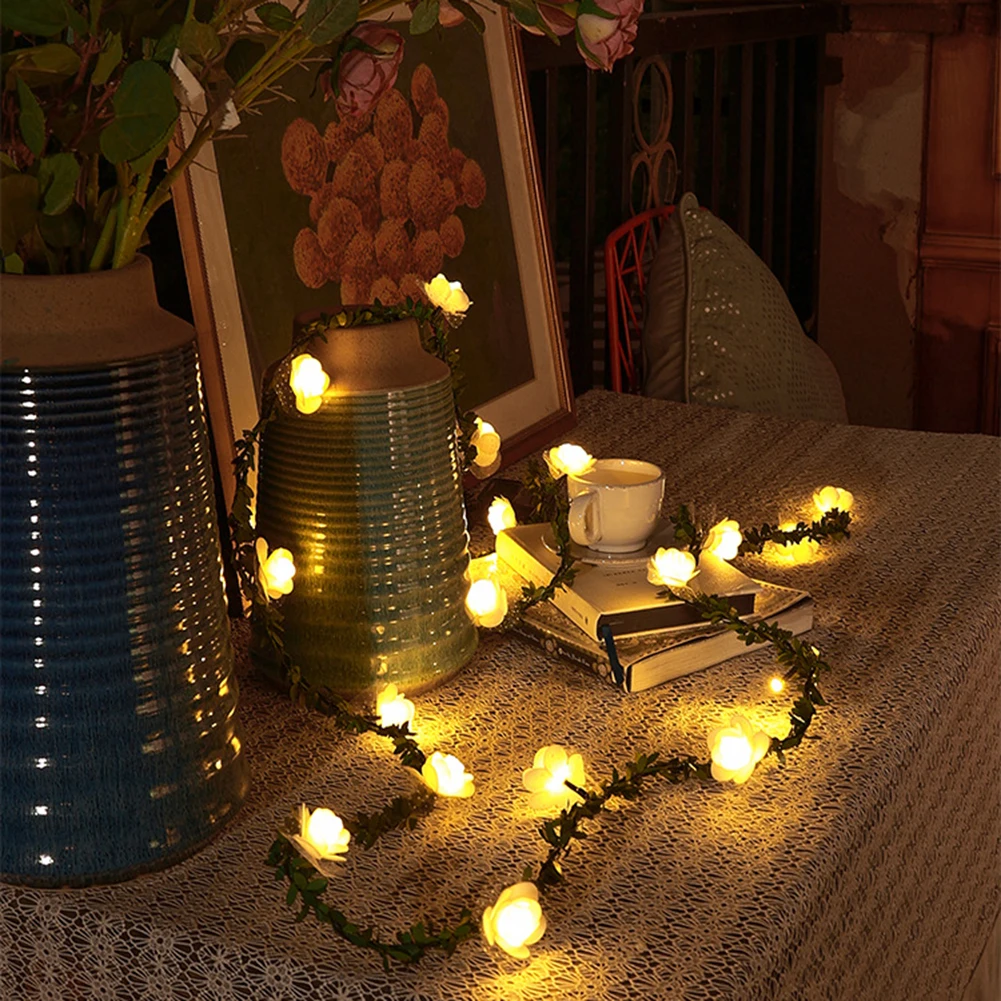 

Simulation Green Vine Rose Flower LED Fairy String Lights Garland Lights for Wedding Valentine Party Decoration